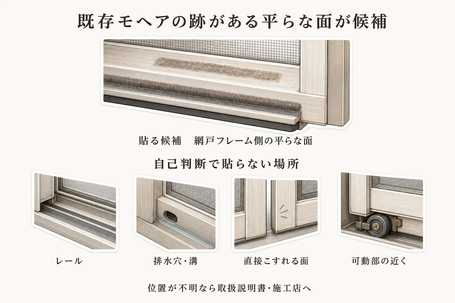 既存モヘアの跡がある網戸フレーム側の平らな面を貼り付け候補とし、レール、排水穴や溝、窓の開閉時に直接こすれる面、戸車などの可動部付近には自己判断で貼らないことを示した図
