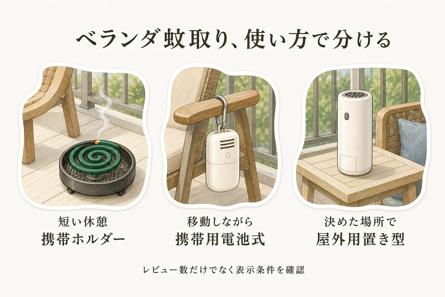ベランダで使う蚊取りを使い方で分ける図。短い休憩には煙の出る蚊取り線香を入れた携帯ホルダー、移動しながら使うならカラビナ付きの携帯用電池式、決めた場所で過ごすならテーブルに置く屋外用置き型を示し、レビュー数だけでなく商品表示の使用条件を確認するよう案内している