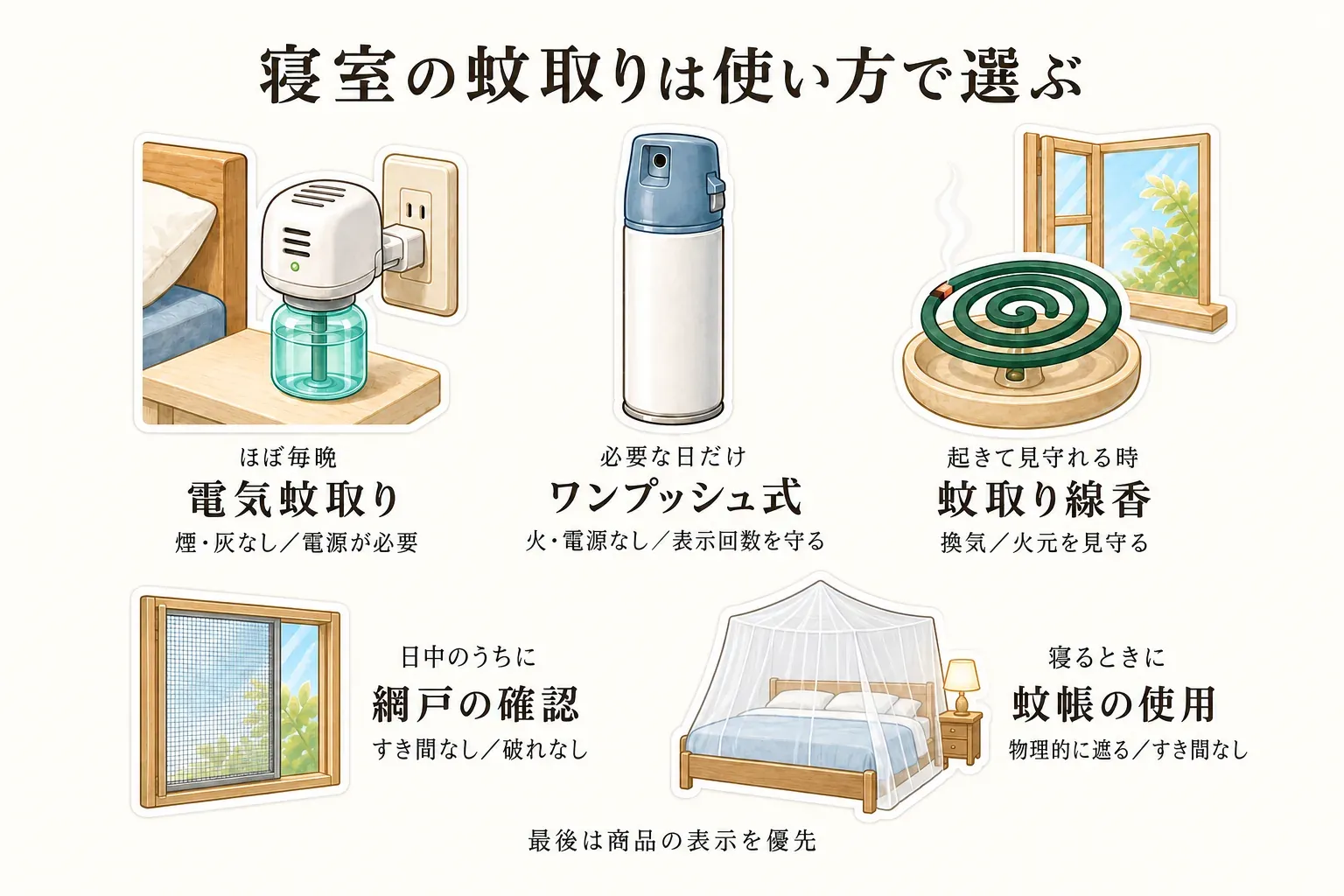 防虫剤を入れる前の5ステップを示す図。衣類の汚れを落とし、衣類と収納を乾かし、吊るす服とたたむ服を分け、表示どおりに防虫剤を置き、交換時期を記録して収納へ詰め込みすぎない順番を描いている。防虫剤は汚れや湿気対策の代わりではないことも示している