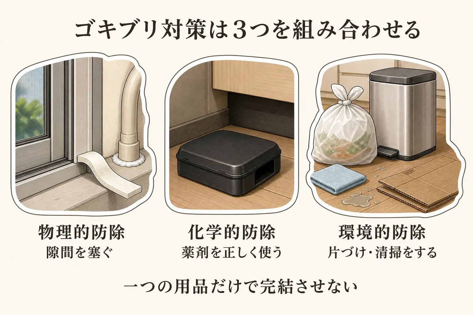 ゴキブリ対策の3つの方法として、隙間を塞ぐ物理的防除、薬剤を正しく使う化学的防除、片づけや清掃を行う環境的防除を組み合わせることを示した図