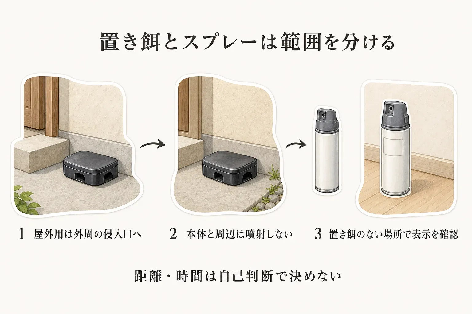 置き餌とスプレーの範囲を分ける図。屋外用ブラックキャップを家の外周の侵入口に置き、本体と周辺には噴射せず、置き餌のない場所でスプレーの表示を確認する流れを示している。距離や時間は自己判断で決めない