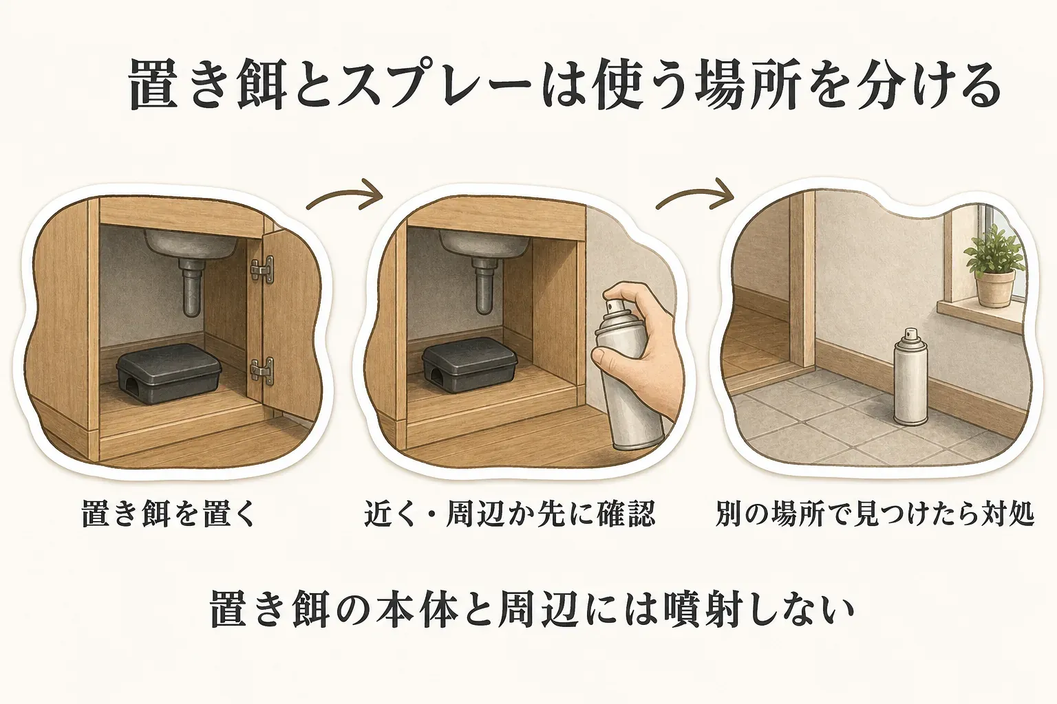 置き餌とスプレーの使う場所を分ける図。流しの下に置き餌を設置し、置き餌の本体とその周辺には噴射せず、別の場所でゴキブリを見つけた場合にスプレーで対処する流れを示している