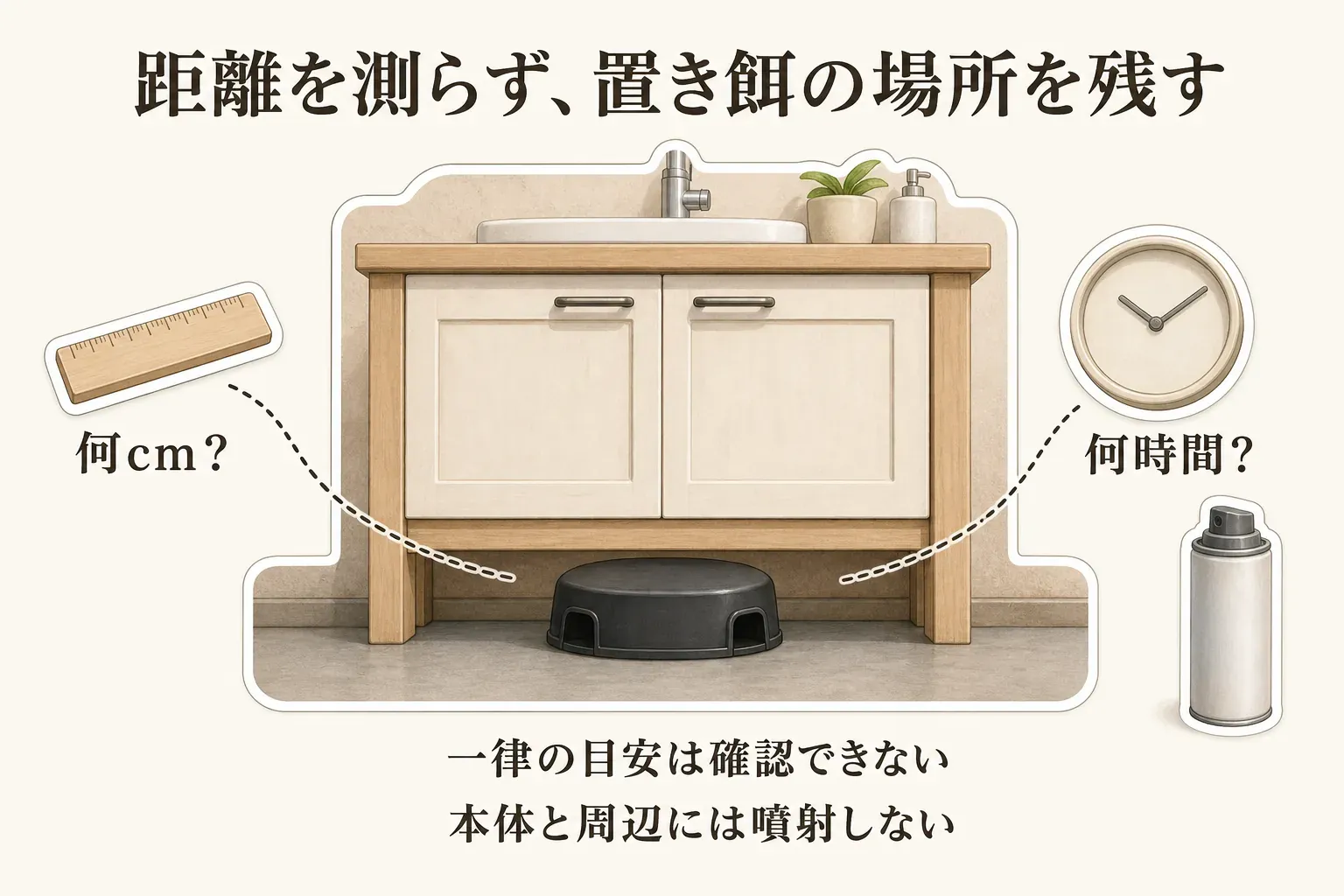 ブラックキャップから何cm離すか、何時間空けるかという一律の目安は確認できないことを示す図。流しの下の置き餌と、定規・時計・スプレーを描き、本体とその周辺には噴射しないよう案内している
