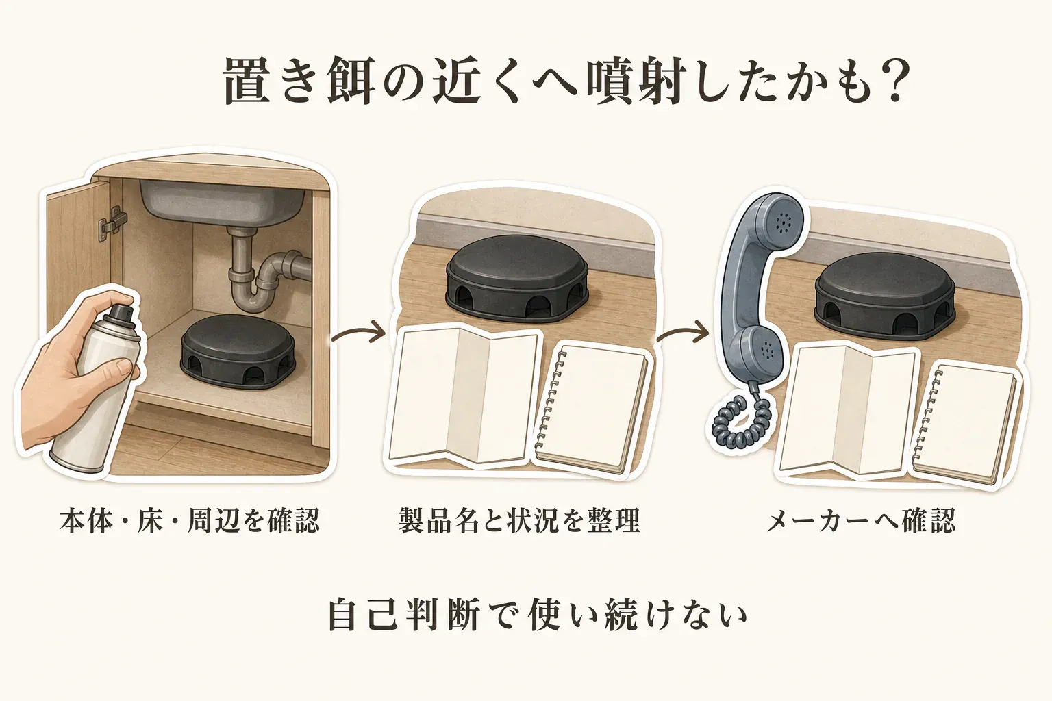 置き餌の近くへ誤ってスプレーしたかもしれない場合の確認手順を示す図。置き餌本体・床・周辺を確認し、製品名と状況を整理して、メーカーへ確認する流れを描いている。自己判断で使い続けないよう案内している