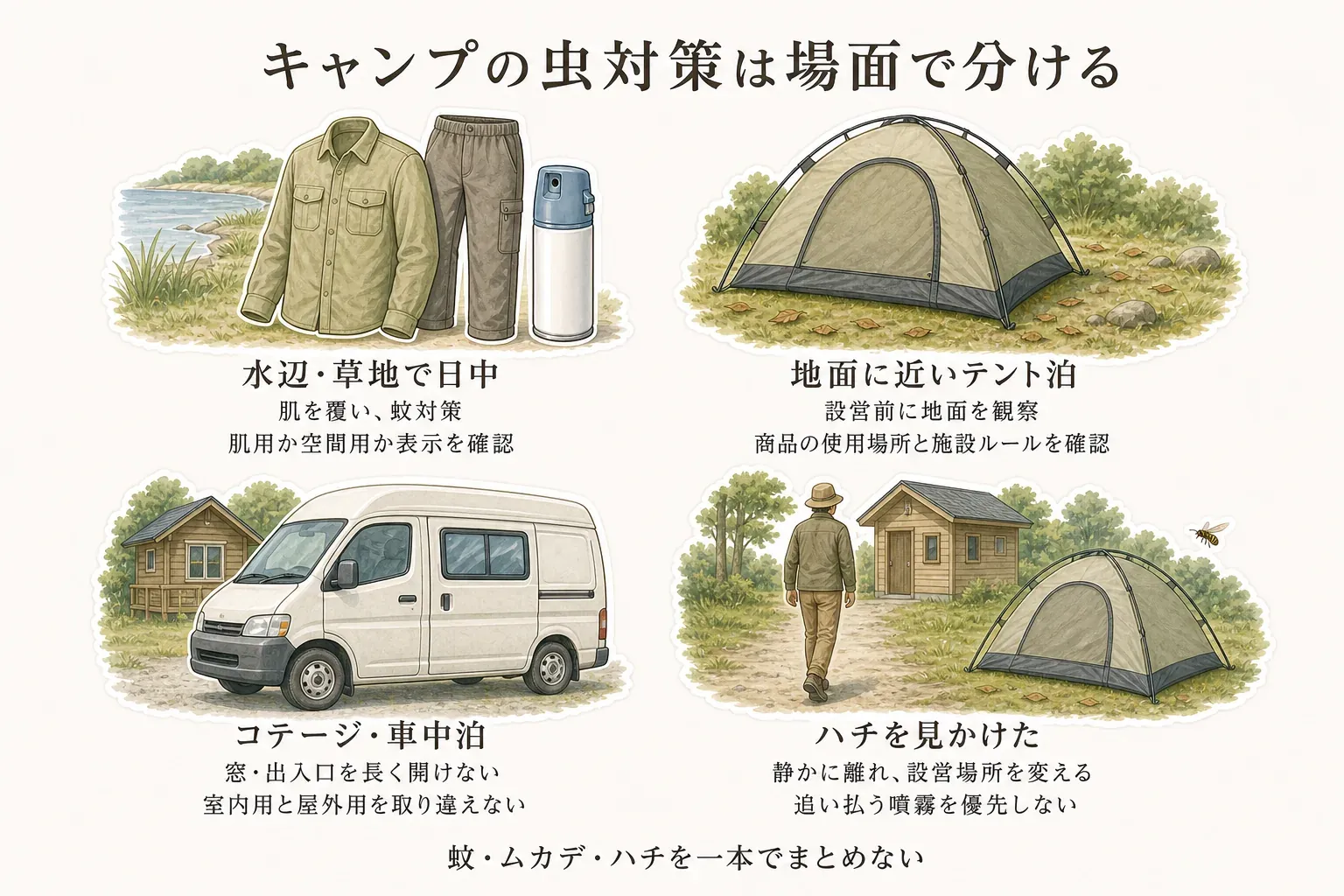 水辺・草地で日中を過ごす場合は長袖・長ズボンと蚊対策、地面に近いテント泊では設営前の地面観察と商品表示・施設ルールの確認、コテージ・車中泊では窓と出入口を長く開けないこと、ハチを見かけたら静かに離れて設営場所を変え噴霧を優先しないことを示す図