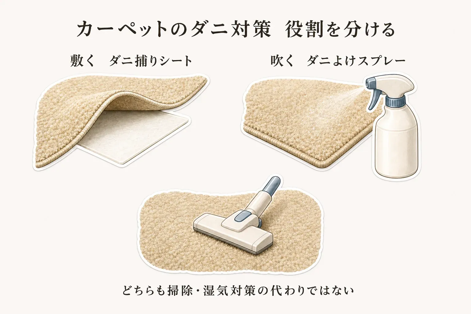 カーペットのダニ対策用品の役割を比較する図。ダニ捕りシートはカーペットの下など指定場所へ置き、誘引剤と粘着材で捕獲を試すもの、ダニよけスプレーは素材への使用可否を確認して吹きかけ、ダニを寄せ付けにくくする補助用品として示している。どちらも掃除機がけと湿気対策の代わりにはならない