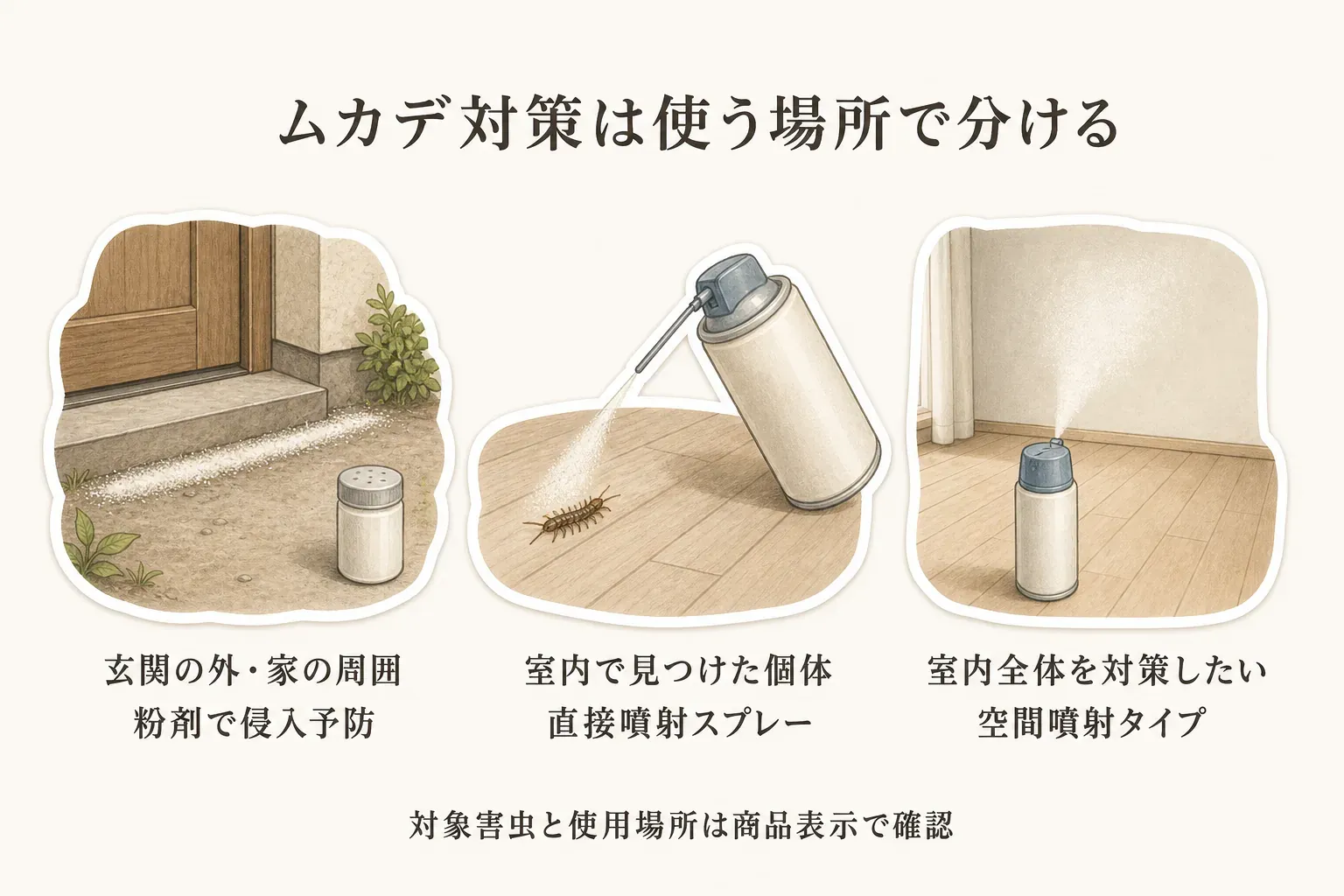 玄関の外・家の周囲は粉剤で侵入予防、室内で見つけたムカデには直接噴射スプレー、室内全体の対策には空間噴射タイプを使い分ける図。対象害虫と使用場所は商品表示で確認するよう案内している