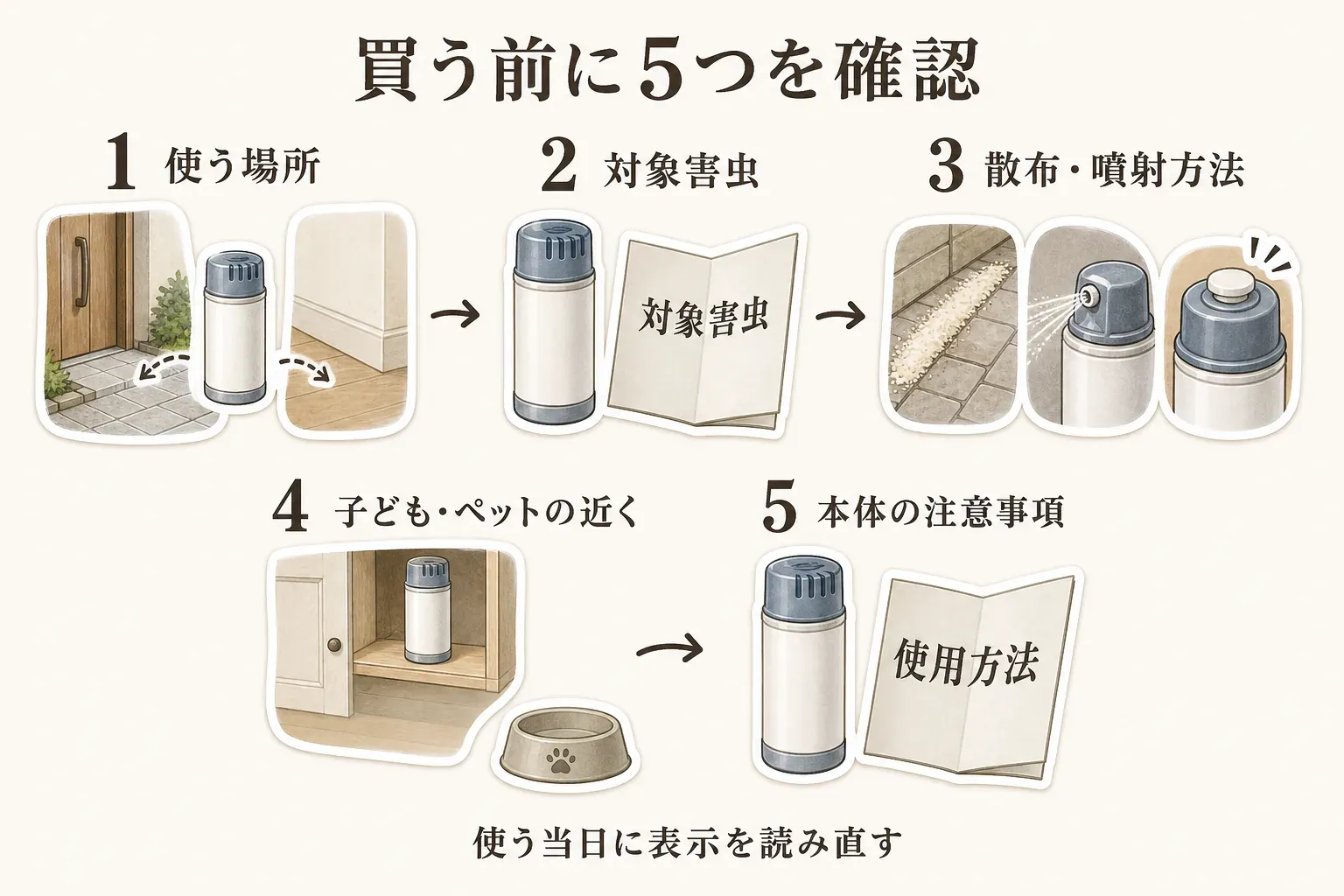 ムカデ対策商品を買う前に確認する5項目を示す図。使う場所、対象害虫、散布・噴射方法、子ども・ペットの近くでの管理、本体の注意事項を確認し、使う当日に表示を読み直すよう案内している