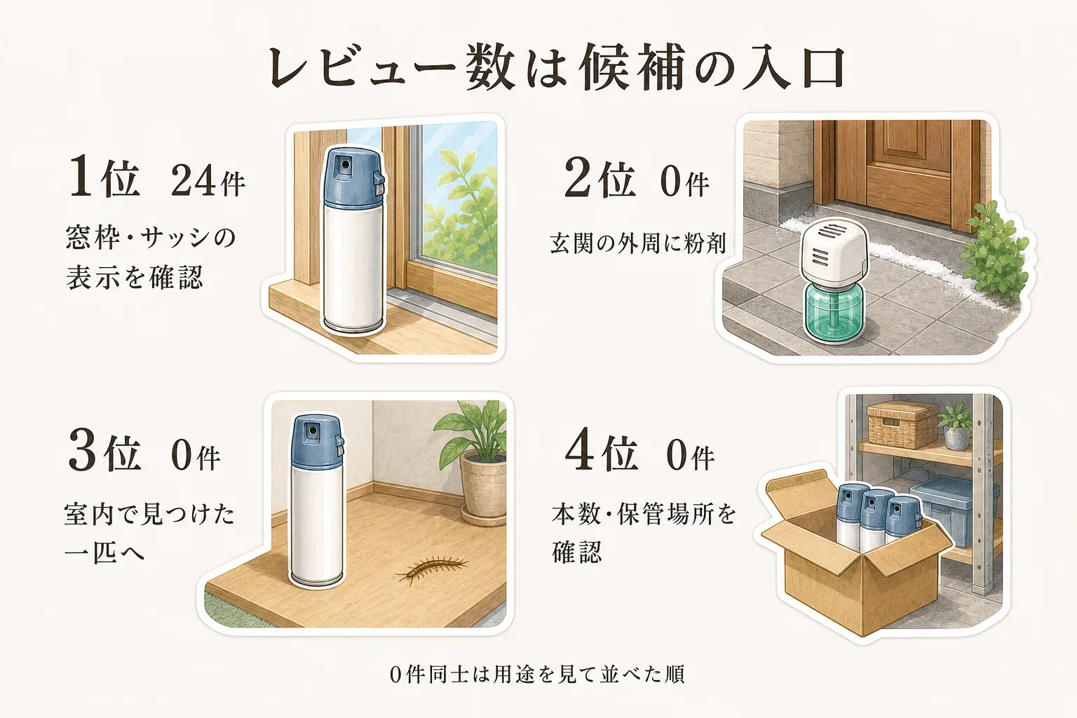 レビュー数を候補探しの入口として使うことを示す図。1位は24件で窓枠・サッシの表示を確認するスプレー、2位は0件で玄関外周に粉剤、3位は0件で室内で見つけた一匹へのスプレー、4位は0件で本数と保管場所を確認するケース販売を示し、0件同士は用途を見て並べた順であることを説明している