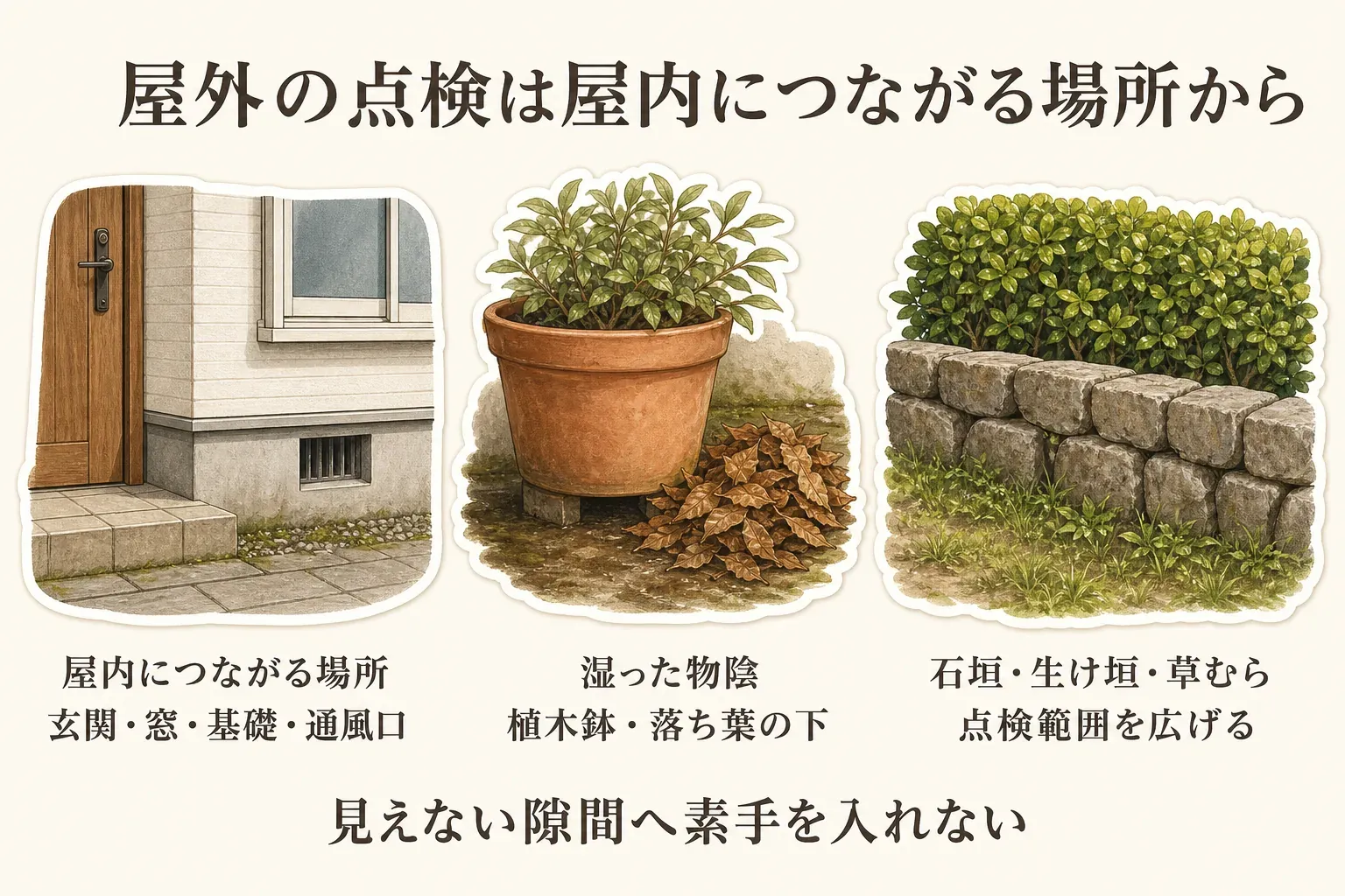 屋外の点検は、玄関・窓・基礎・通風口など屋内につながる場所から始め、植木鉢や落ち葉の下の湿った物陰、石垣・生け垣・草むらへ範囲を広げる順を示した図。見えない隙間には素手を入れないよう案内している