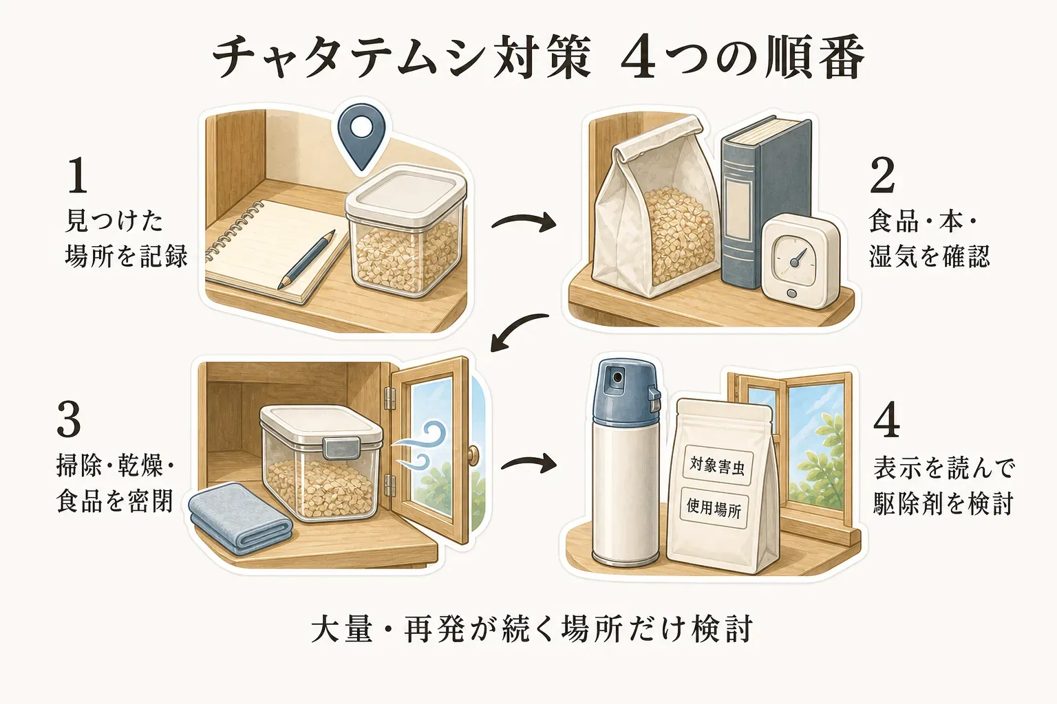チャタテムシ対策の4つの順番を示す図。見つけた場所を記録し、食品・本・湿気を確認した後、掃除・乾燥・食品の密閉を進め、大量発生や再発が続く場所だけ対象害虫と使用場所の表示を読んで駆除剤を検討する流れを描いている