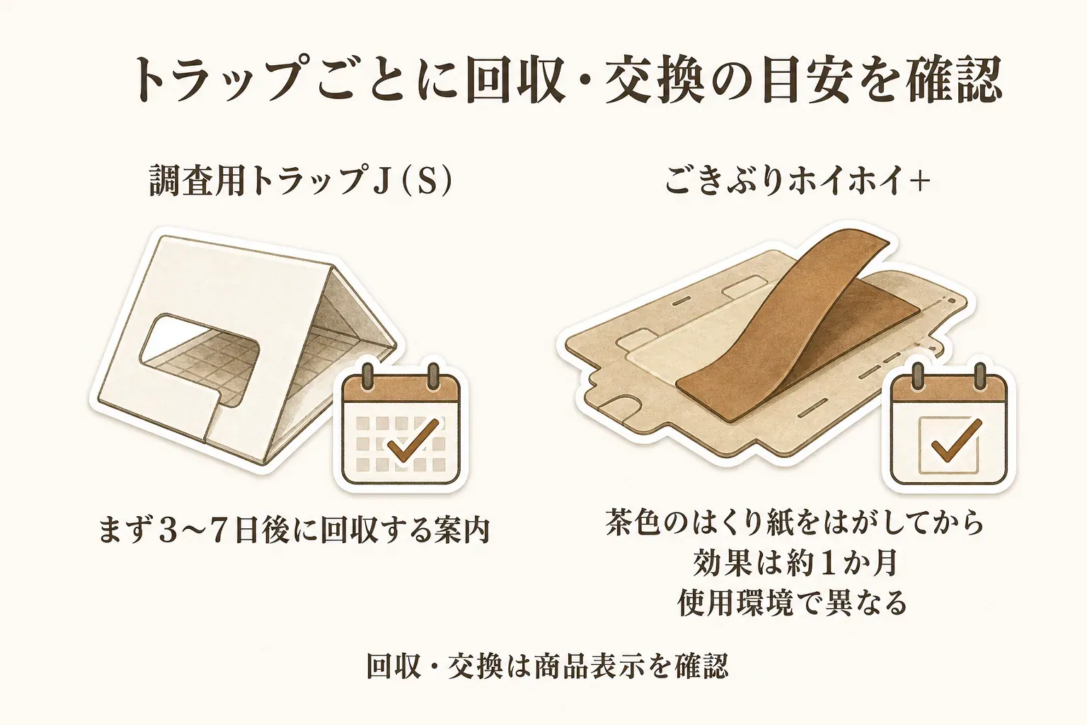 トラップごとの回収・交換目安を示す図。調査用トラップJ（S）はまず3〜7日後に回収する案内、ごきぶりホイホイ＋は茶色のはくり紙をはがしてから効果約1か月で使用環境により異なるため、商品表示を確認すると示している