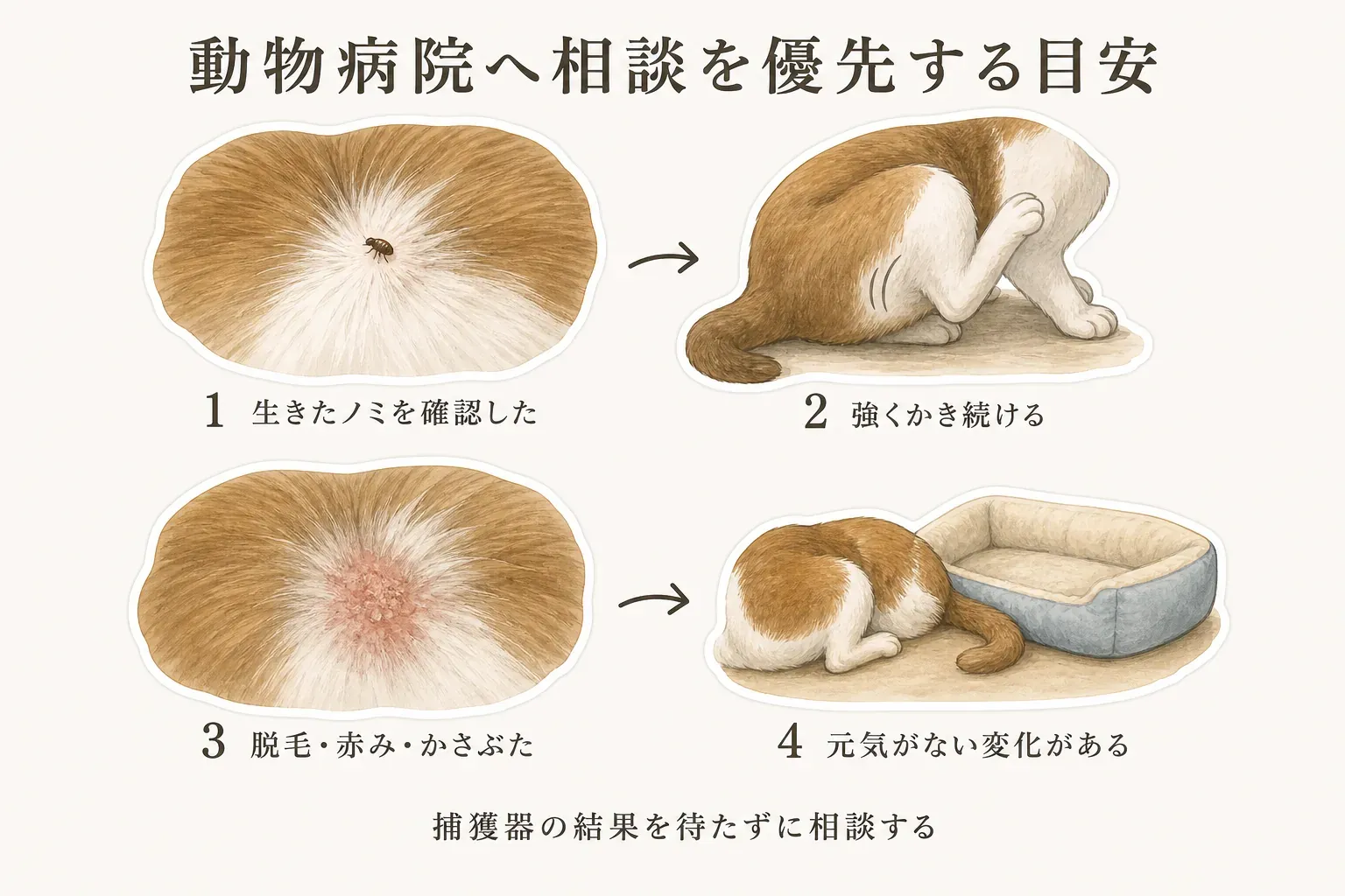 動物病院へ相談する目安を示す図。ペットの体に生きたノミがいる、強くかき続ける、脱毛・赤み・かさぶたなど皮膚の異常がある、元気がない場合は捕獲器の結果を待たず相談し、子犬・子猫・高齢・持病・同居動物・使用中の薬がある場合も先に相談することを描いている