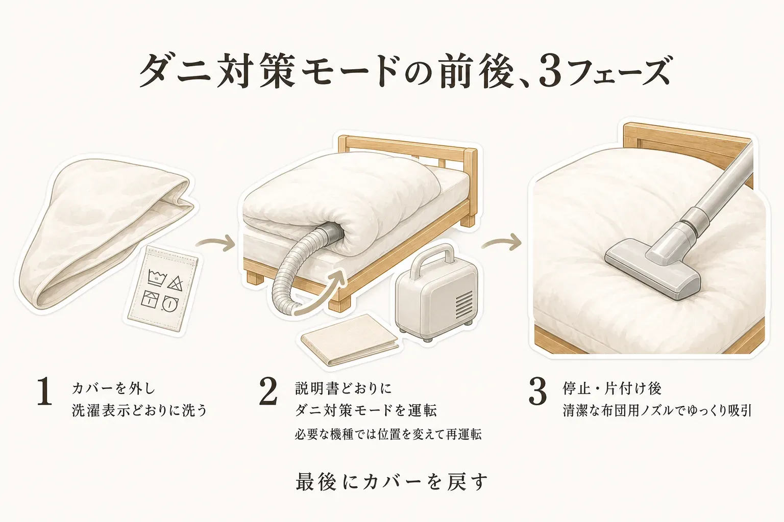 布団乾燥機のダニ対策モード前後の3フェーズを示す図。1はカバーを外して洗濯表示どおりに洗う、2は説明書どおりにダニ対策モードを運転し必要な機種では位置を変えて再運転する、3は停止・片付け後に清潔な布団用ノズルでゆっくり吸引し、最後にカバーを戻す流れ