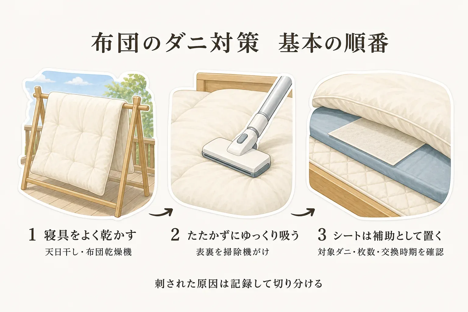 布団のダニ対策の基本順序を示す図。1は天日干しまたは布団乾燥機で寝具をよく乾かす、2は布団をたたかず表裏へゆっくり掃除機をかける、3は対象ダニ・設置枚数・交換時期を確認してダニ取りシートを補助として置く流れ。刺された原因は記録して切り分けることも示している。出典：東京都保健医療局「住居とアレルギー疾患」