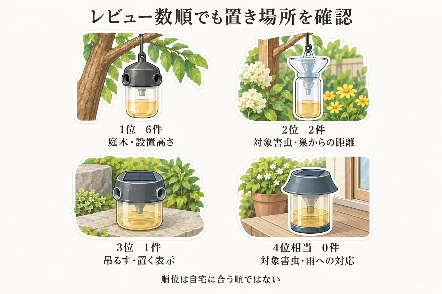 ハチ捕獲器をレビュー数順で比べる際の確認点を示す図。第1位6件は庭木・設置高さ、第2位2件は対象害虫・巣からの距離、第3位1件は吊るす・置く表示、第4位相当0件は対象害虫・雨への対応を確認し、順位は自宅に合う順ではないことを示している