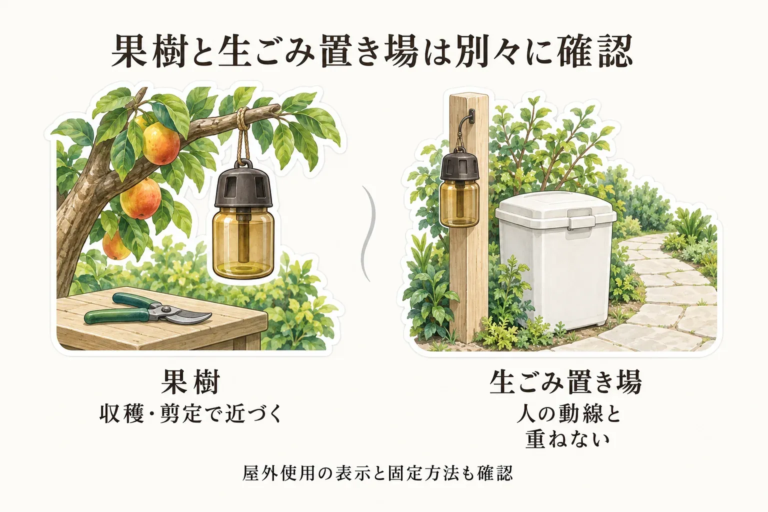 果樹の近くと生ごみ置き場の近くでハチ捕獲器を置く際の確認を示す図。果樹では収穫・剪定で近づく枝から離し、生ごみ置き場では人の動線と重ならないようにし、屋外使用の表示と固定方法も確認するよう示している