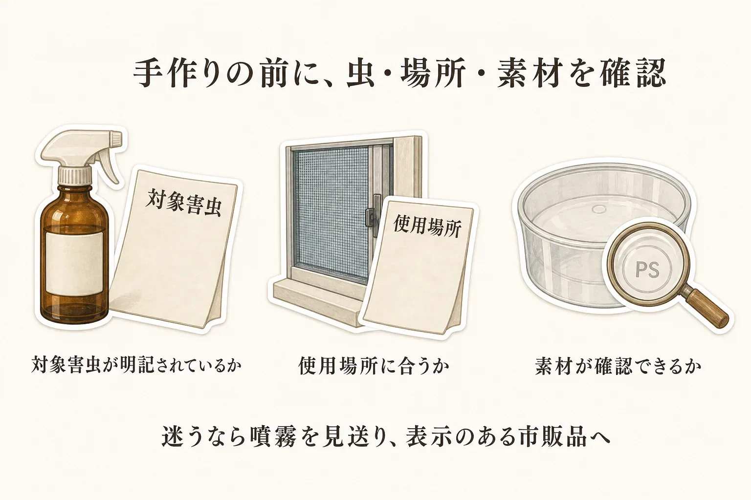 ハッカ油の手作り前に確認する3点を示す図。対象害虫が明記されているか、網戸などの使用場所に合うか、容器やサッシなどの素材を確認できるかを並べ、迷う場合は噴霧を見送り表示のある市販品を選ぶよう案内している