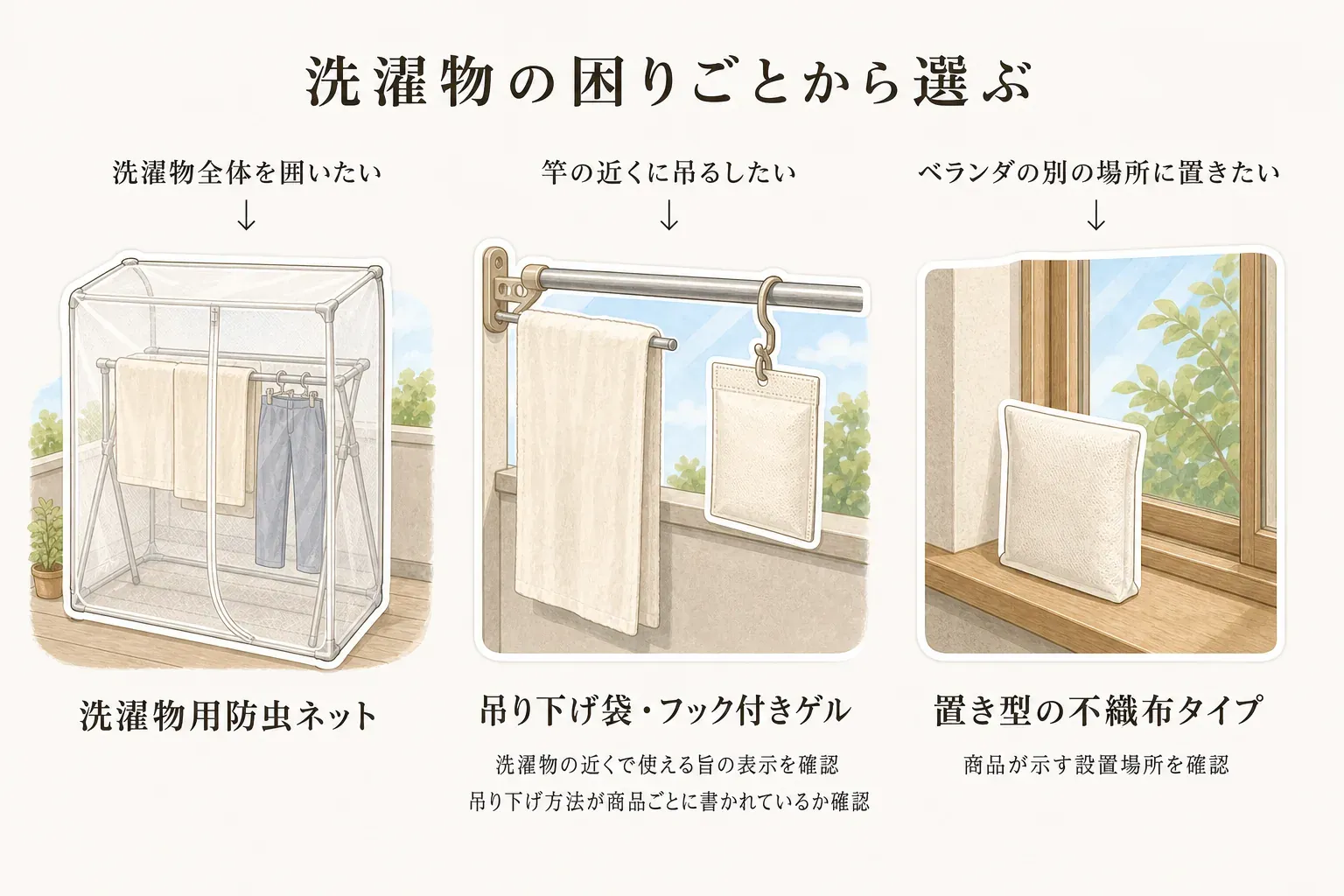 洗濯物の困りごと別にカメムシ対策を選ぶ図。洗濯物全体を囲いたい場合は洗濯物用防虫ネット、物干し竿の近くに吊るしたい場合は洗濯物の近くで使える表示と吊り下げ方法を確認した吊り下げ袋・フック付きゲル、ベランダの別の場所に置きたい場合は商品が示す設置場所を確認した置き型の不織布タイプを選ぶことを描いている