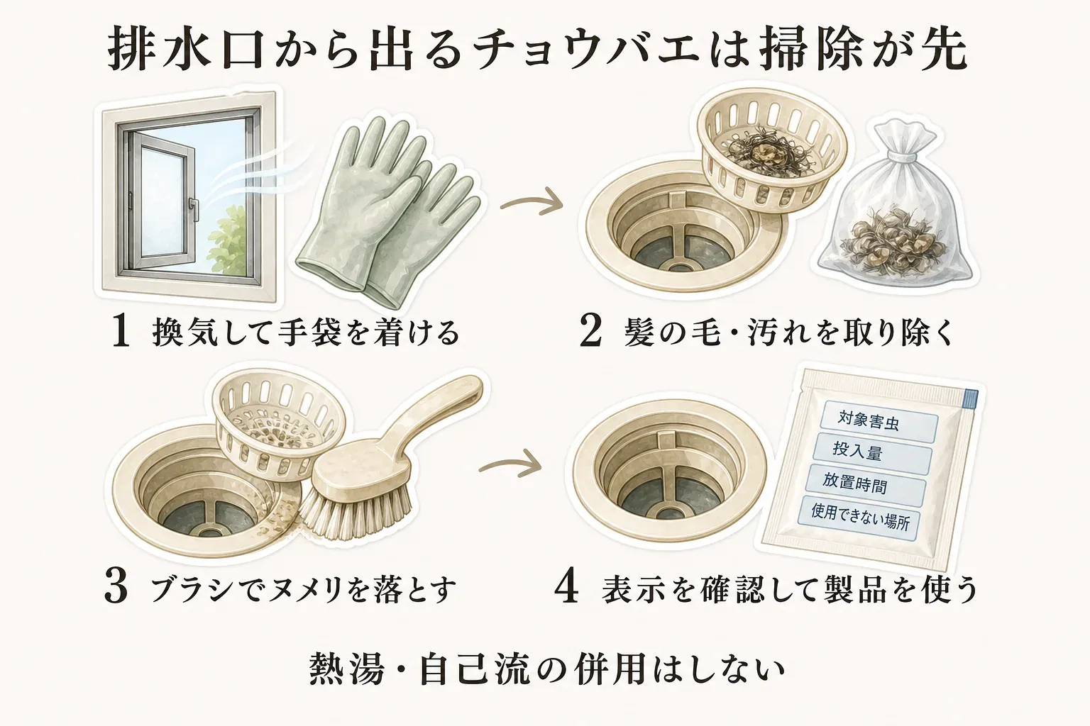 チョウバエが疑われる排水口の対策手順を示す図。換気とゴム手袋、外せる部品の取り外し、髪の毛と固形汚れの除去、ブラシでのヌメリ落とし、表示を確認した排水口用製品の使用、水洗いと換気の順を描いている