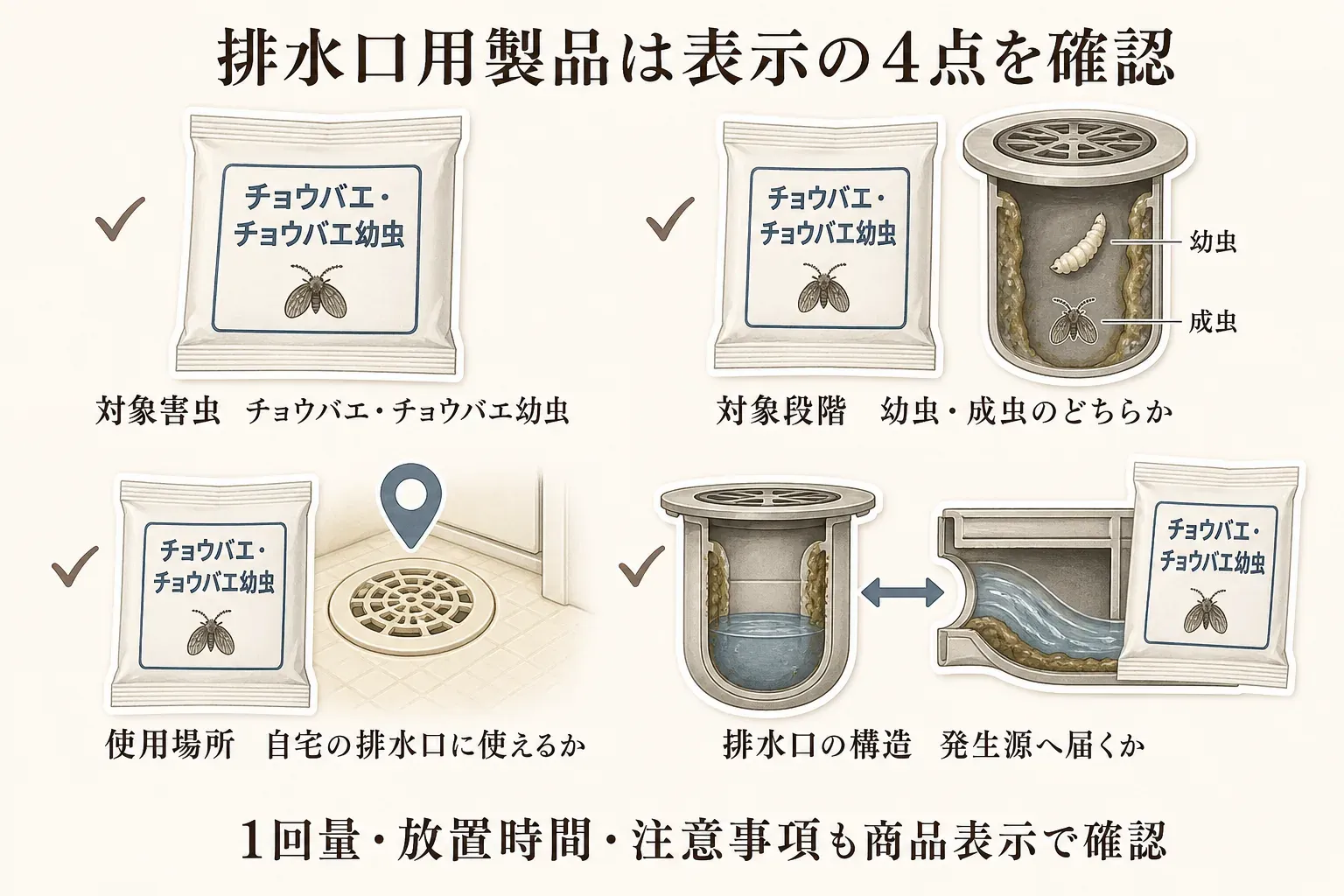 チョウバエ向け排水口用対策用品のラベルで確認する項目を示す図。対象害虫、幼虫・成虫の対象段階、使用場所、排水口の構造、1回量・放置時間・水洗いなどの使い方、手袋・換気・併用不可などの注意事項を確認する