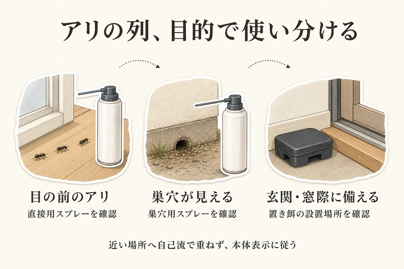 アリ対策を目的で使い分ける図。室内で目の前を歩くアリには直接用スプレー、確認できる巣穴には巣穴用スプレー、玄関・窓際には置き餌の設置場所を確認することを示し、近い場所へ自己流で重ねず本体表示に従うよう案内している