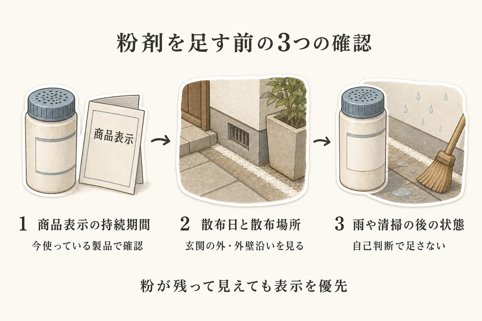 粉剤を追加する前の3つの確認を示す図。今使っている製品の商品表示で持続期間を確認し、玄関の外・外壁沿いの散布日と散布場所を見直し、雨や清掃の後の粉剤の状態を確認して自己判断で足さない流れを描いている。粉が残って見えても商品表示を優先する