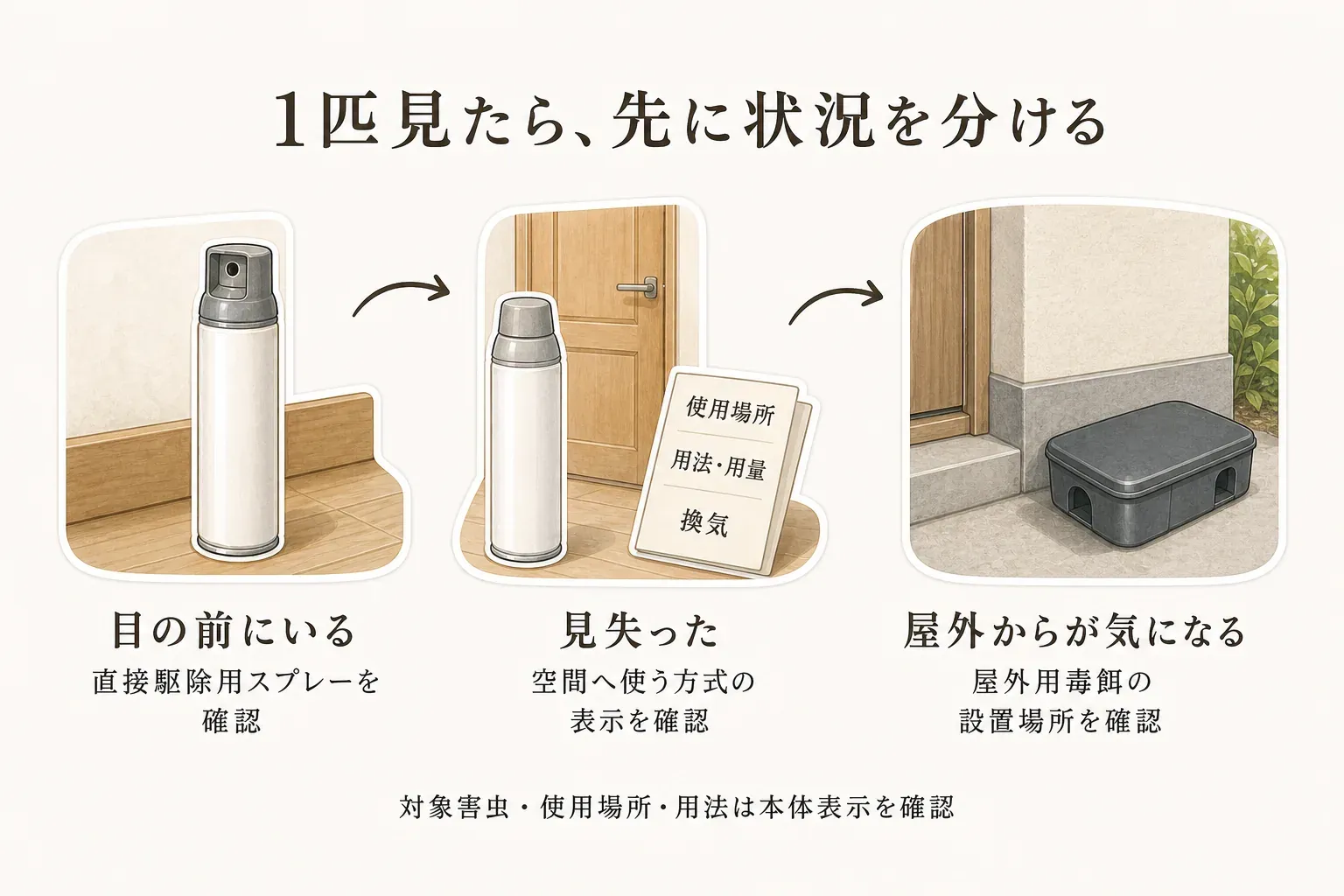 ゴキブリを1匹見たときの状況別の確認事項を示す図。目の前にいる場合は直接駆除用スプレーを確認し、見失った場合は空間へ使う方式の使用場所・用法・用量・換気を確認し、屋外からの侵入が気になる場合は屋外用毒餌の設置場所を確認する。対象害虫・使用場所・用法は本体表示を確認する