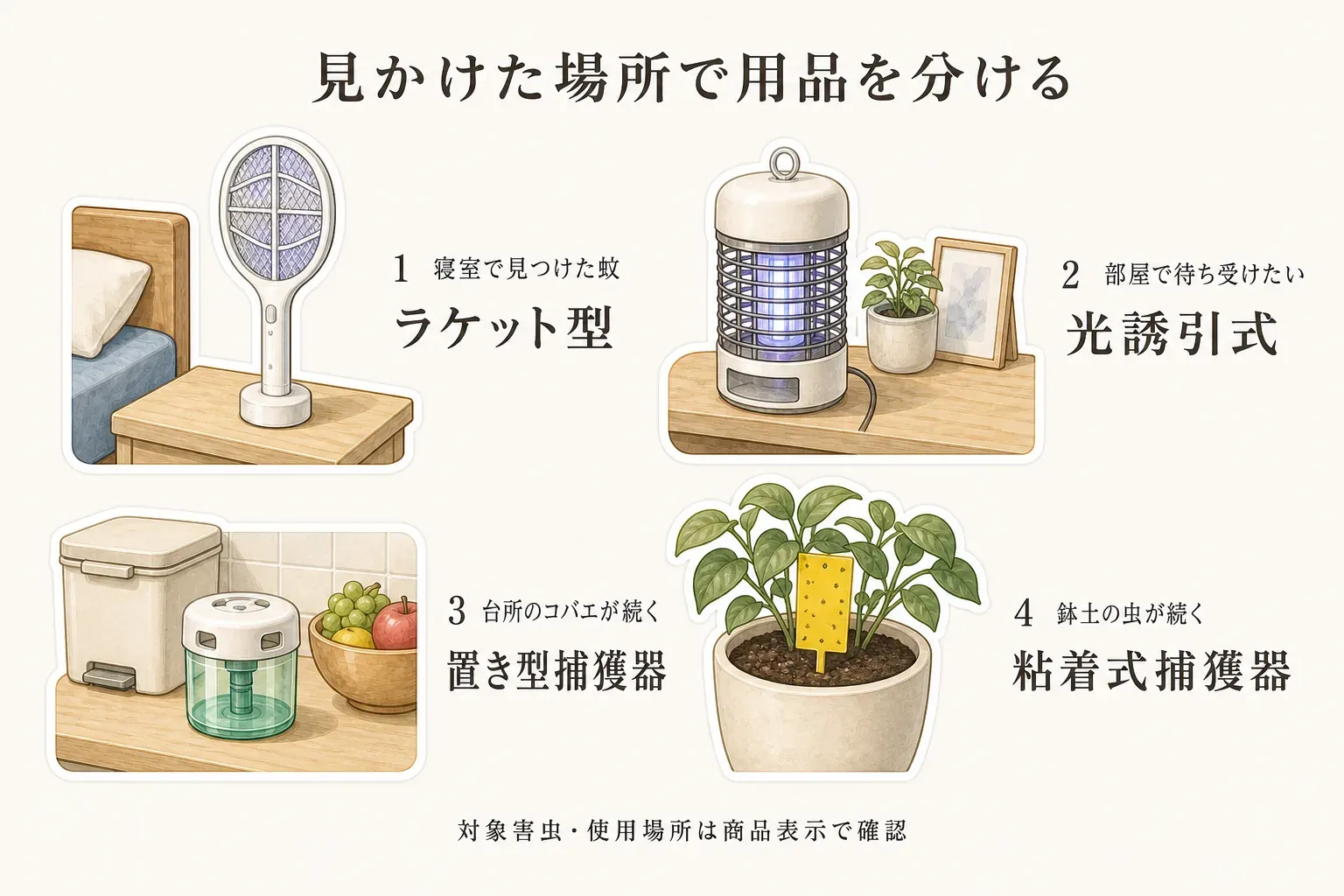 虫を見かけた場所別の用品の選び方を示す図。寝室で見つけた蚊にはラケット型、部屋で待ち受けたい場合は光誘引式、台所でコバエが続く場合は置き型捕獲器、観葉植物の鉢土で虫が続く場合は粘着式捕獲器を示し、対象害虫と使用場所は商品表示で確認するよう案内している