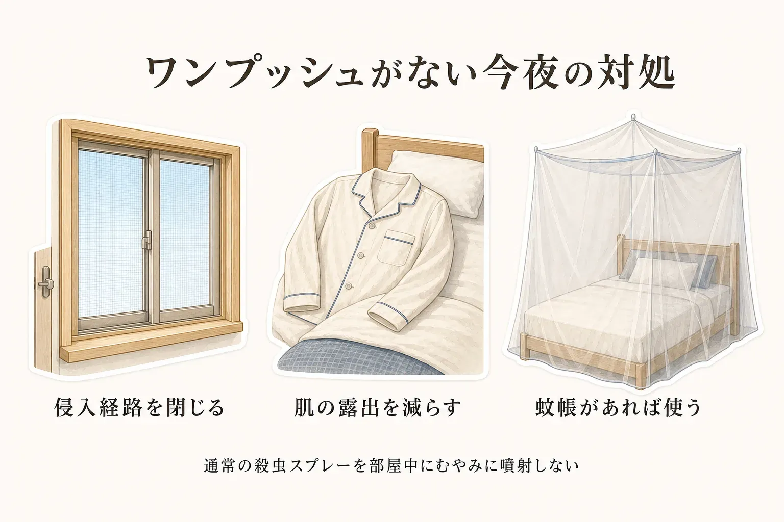 ワンプッシュ蚊取りがない今夜の対処を示す図。侵入経路を閉じ、長袖の寝間着などで肌の露出を減らし、蚊帳があれば使うこと、通常の殺虫スプレーを部屋中にむやみに噴射しないことを案内している