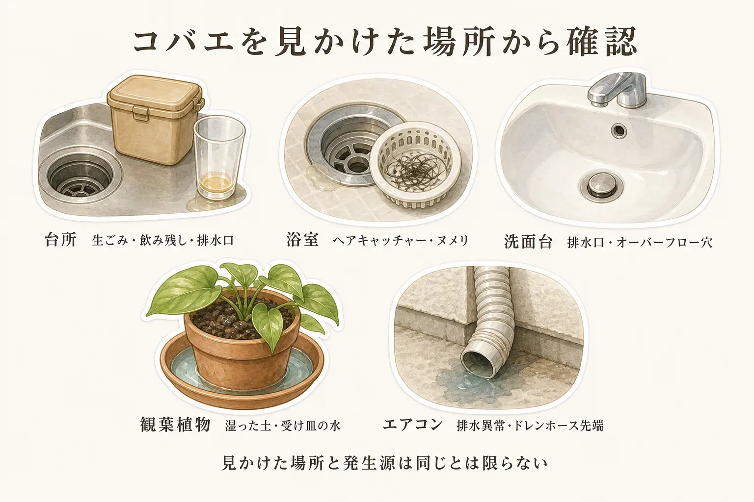 コバエを見かける場所ごとの点検箇所を示す図。台所は排水口のヌメリと生ごみ、浴室は排水口とヘアキャッチャー、洗面台は排水口とオーバーフロー穴、観葉植物は湿った土と受け皿、エアコン周辺は排水異常と屋外ドレンホース先端を確認する