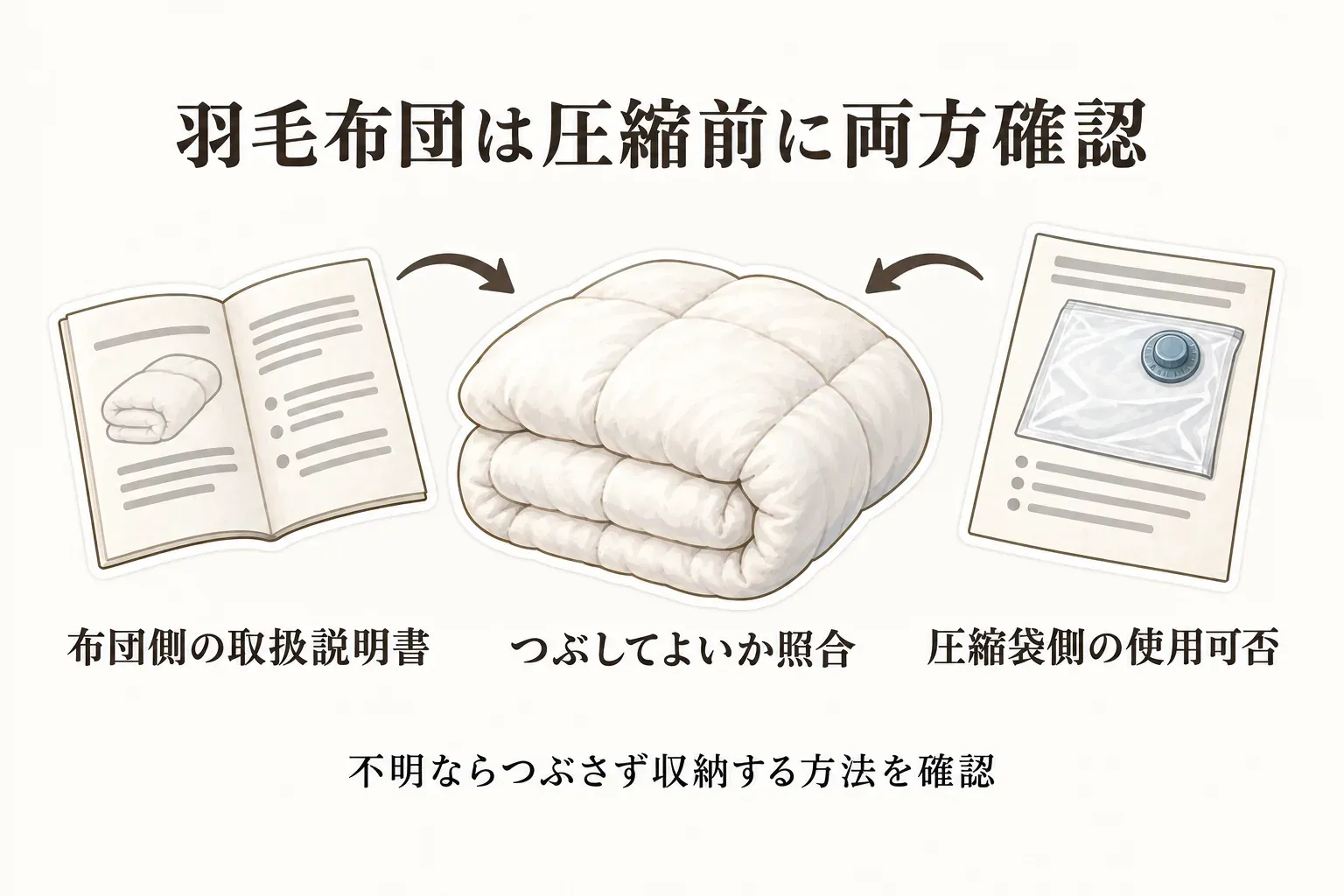 羽毛布団を圧縮する前に両方を確認する図。布団側の取扱説明書でつぶしてよいかを確認し、圧縮袋側の商品表示で使用可否を照合する。不明な場合はつぶさずに収納する方法を確認するよう示している