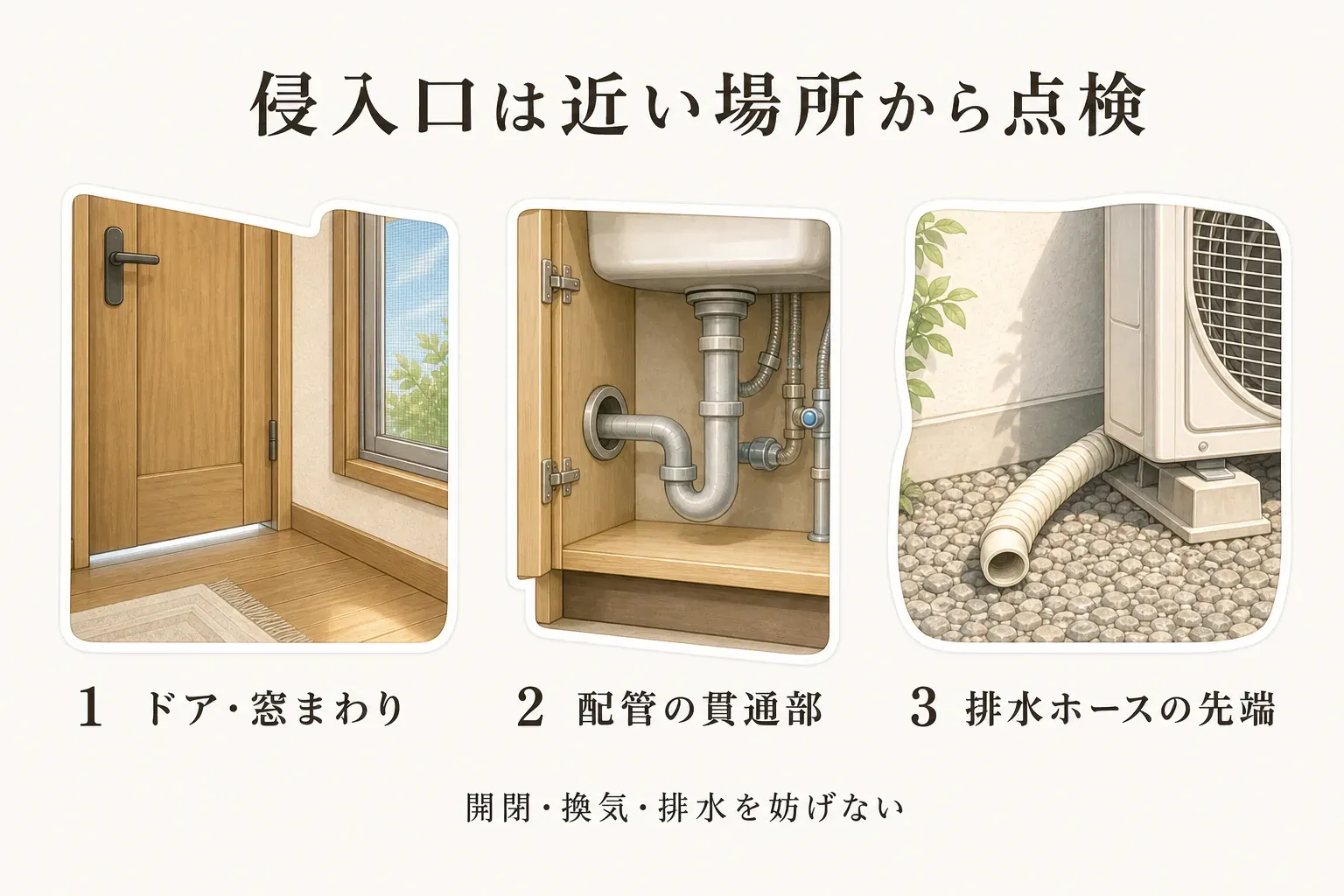 虫を見た部屋に近い侵入口を点検する順番を示す図。ドア・窓まわり、キッチン・洗面台下などの配管の貫通部、エアコンの排水ホースの先端を確認し、開閉・換気・排水を妨げないことを示している