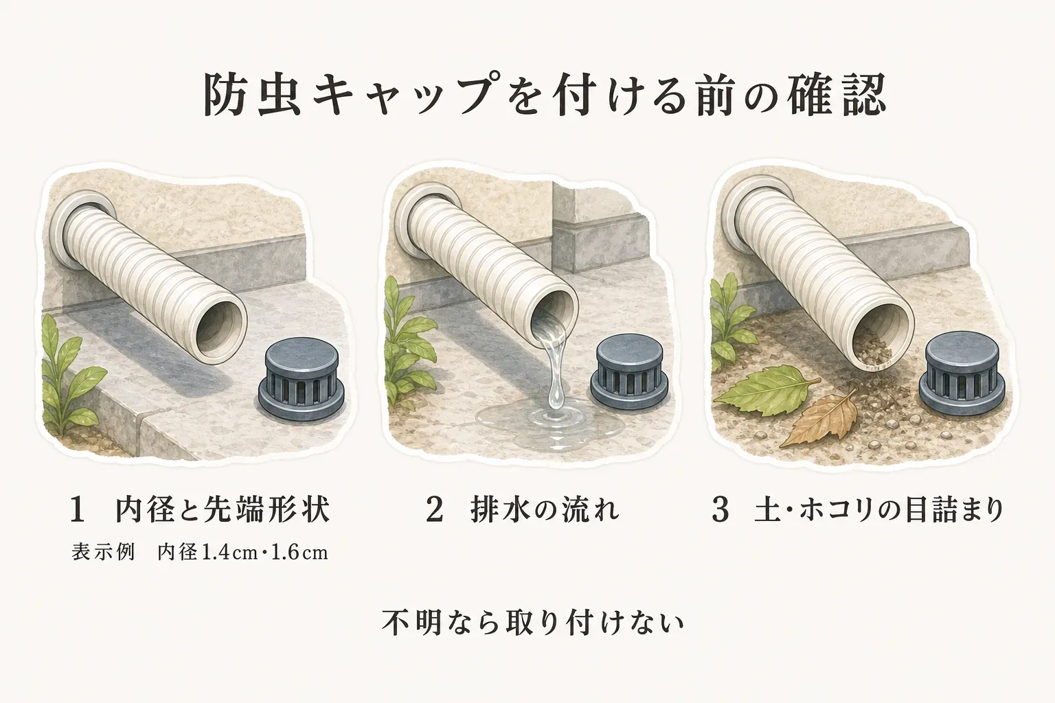 エアコン排水ホースに防虫キャップを付ける前の3点確認を示す図。ホースの内径と先端形状、排水が流れること、土やホコリによる目詰まりがないことを確認し、不明な場合は取り付けないよう案内している。内径1.4cm・1.6cmは商品表示の例
