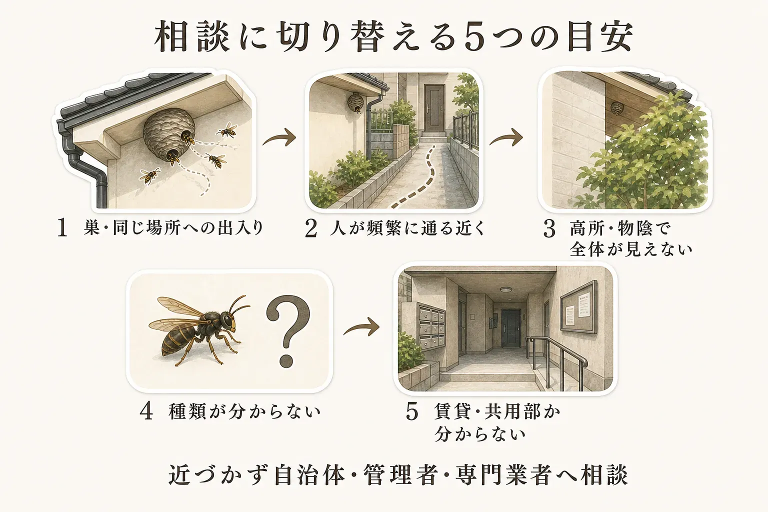 相談に切り替える5つの目安を示す図。巣や同じ場所へのハチの出入り、人が頻繁に通る場所の近く、高所や物陰で巣全体が見えない場所、種類が分からないハチ、賃貸・共用部か分からない場所を描き、近づかず自治体・管理者・専門業者へ相談するよう案内している