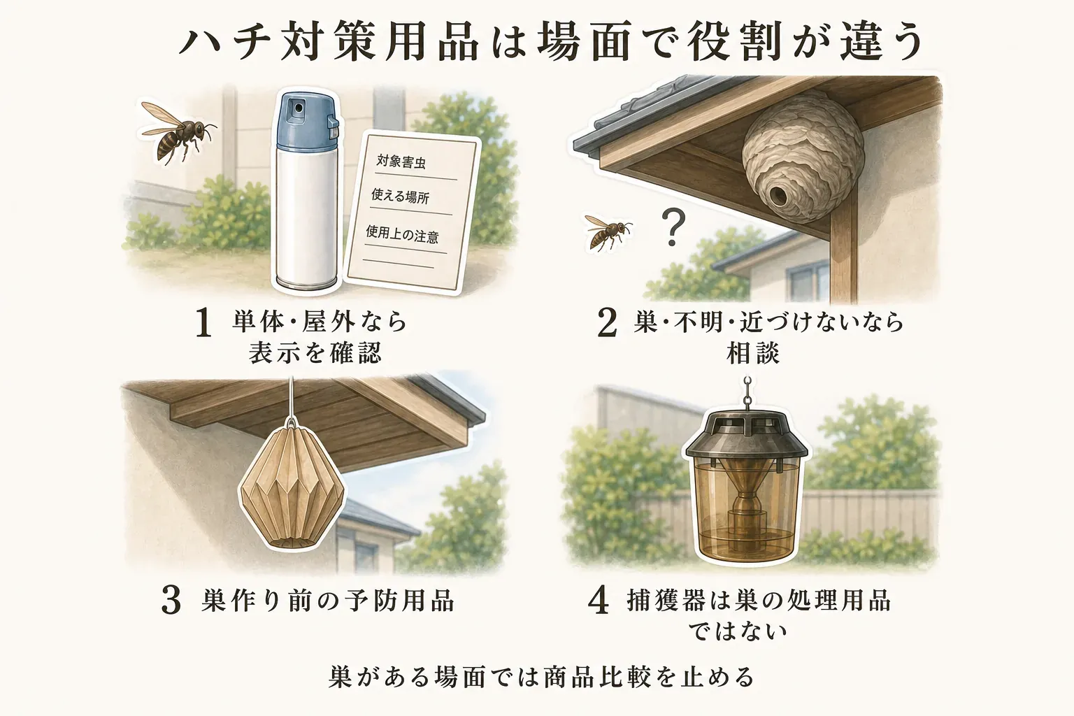 ハチ対策用品の役割を場面別に示す図。単体のハチを屋外で対処する場合はスプレーの対象害虫・使用場所・注意表示を確認し、巣がある・種類不明・近づけない場合は相談する。巣作り前の予防用品と捕獲器はいずれも今ある巣の処理用品ではないことを描いている