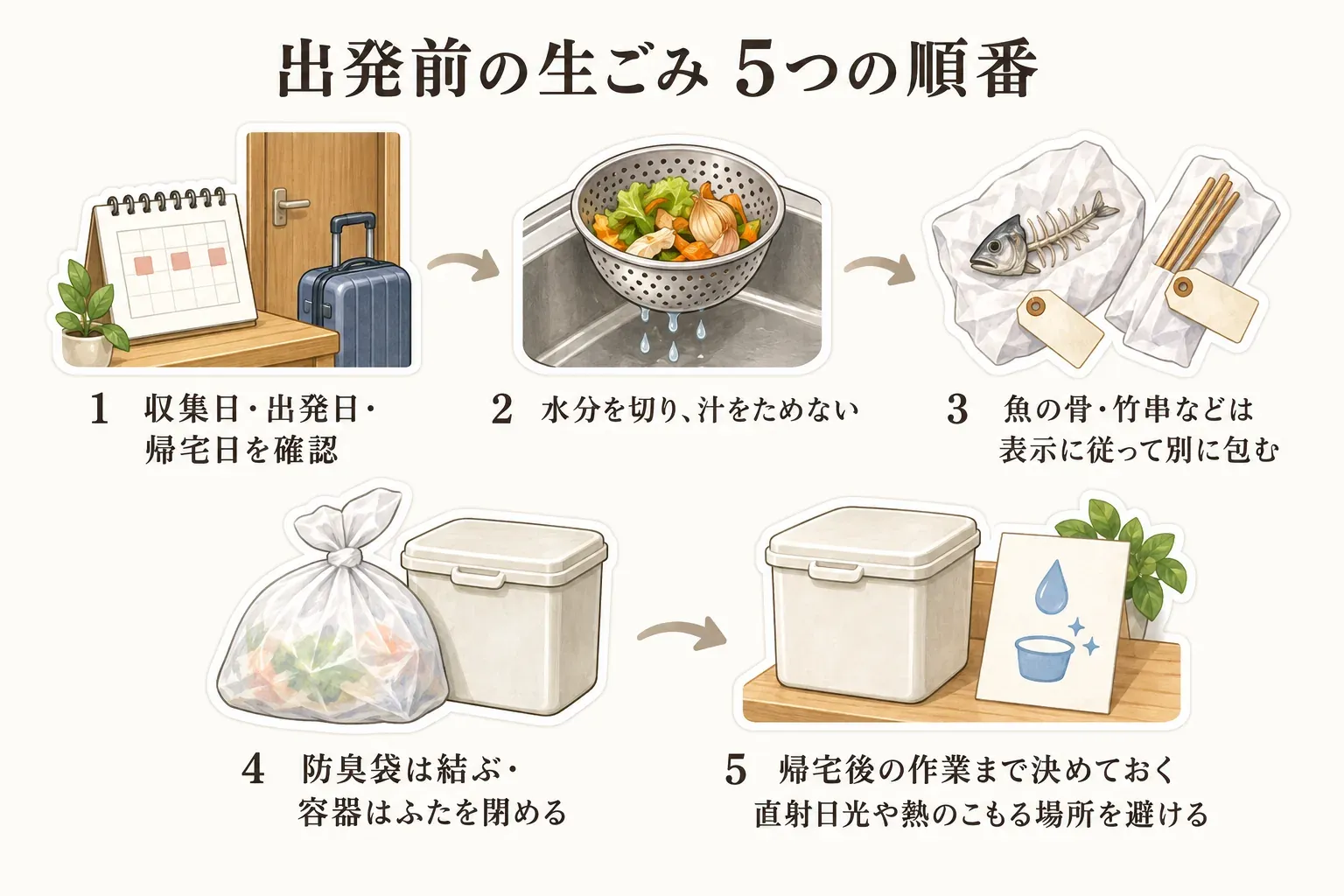 年末年始の出発前に生ごみを処理する5つの手順を示す図。自治体の収集日と出発日・帰宅日を確認し、生ごみの水分を切り、袋を傷つける魚の骨や竹串を別に包み、防臭袋の口または密閉容器のふたを閉じ、帰宅後の液体抜き・洗浄・土への移し替えまで決める流れを描いている